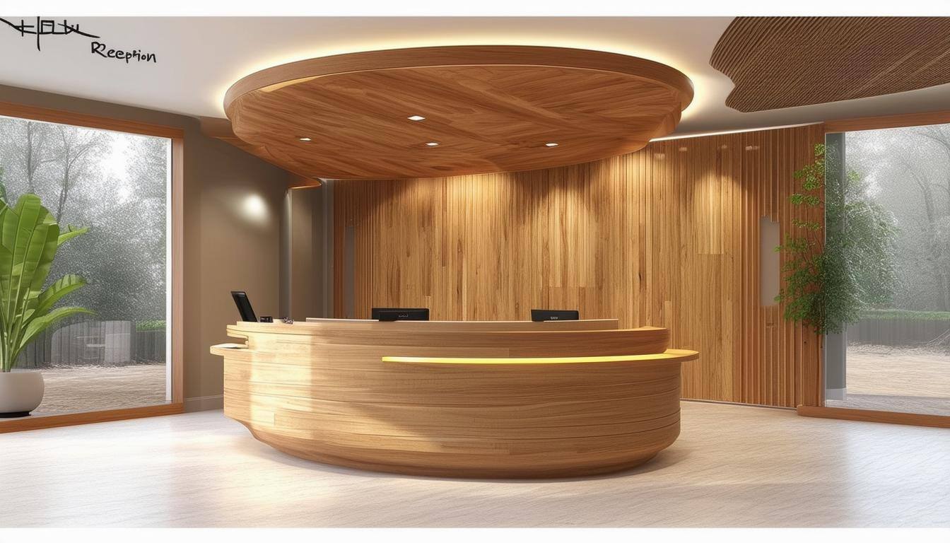 Custom beautiful Reception area made from wood which includes desk