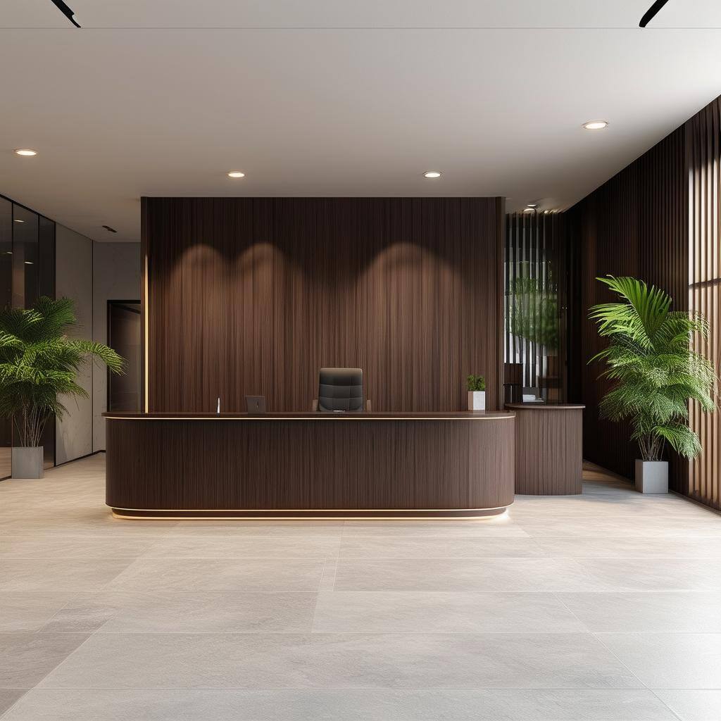 Custom Reception area made from darker wood which includes desk and tables