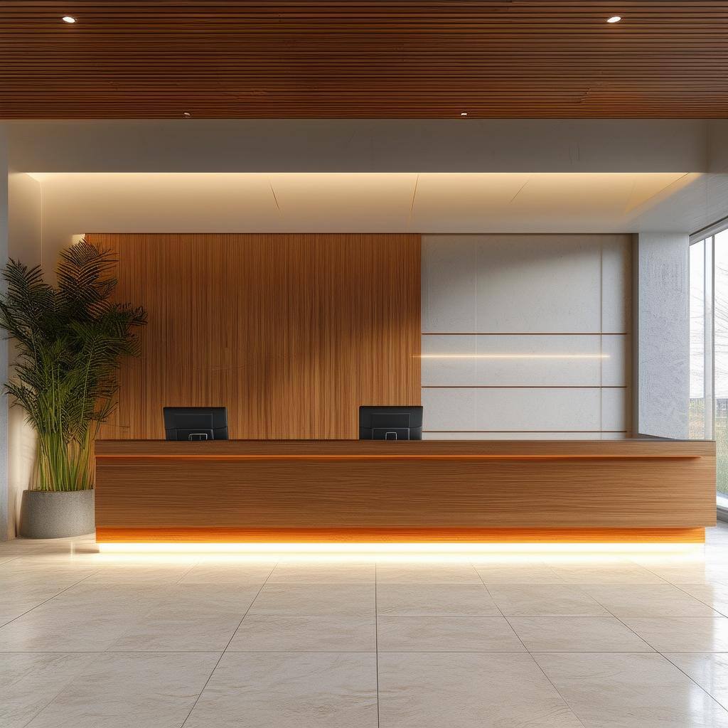 Custom Reception area made from wood which includes desk-1