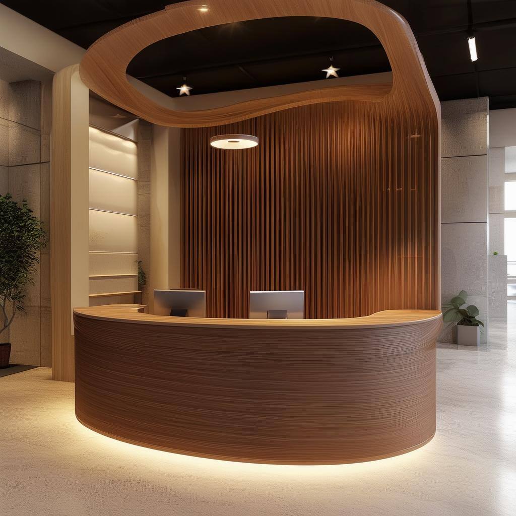 Custom Reception area made from wood which includes desk