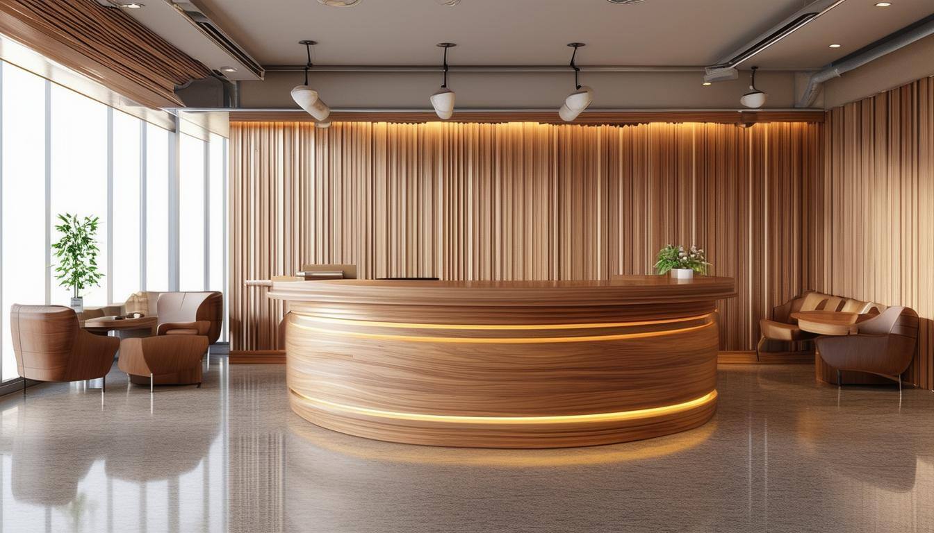 Custom wooden furniture in a reception area which includes reception desk and tables