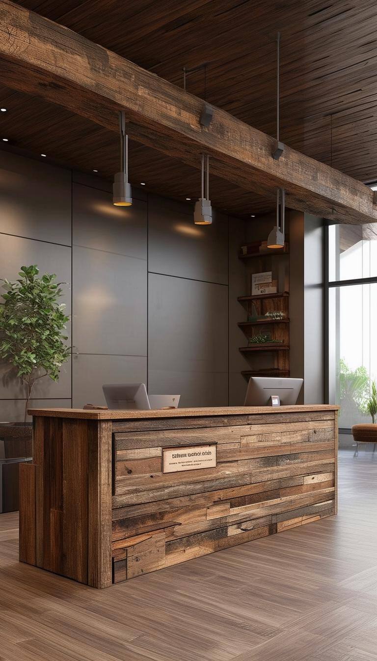 Our Timeless Rustic Reception Area brings the warmth and authenticity of handselected reclaimed wood to the forefront